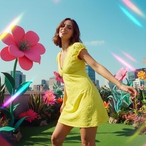 Express Yellow Raised Flowers Dress With Cap Sleeves Deep V Size M